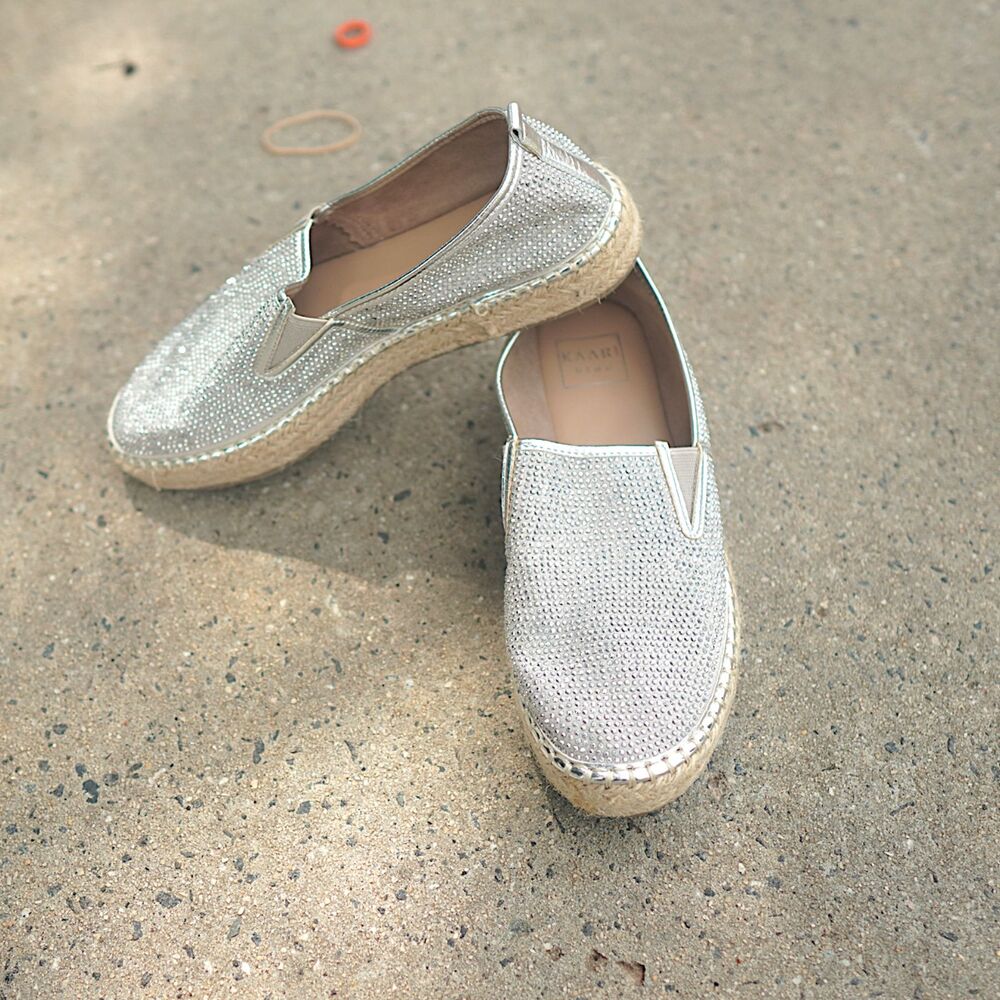 Kaari Blue Rhinestone Espadrille Slip On Platform Sneaker Shoes W 8 Silver Gem